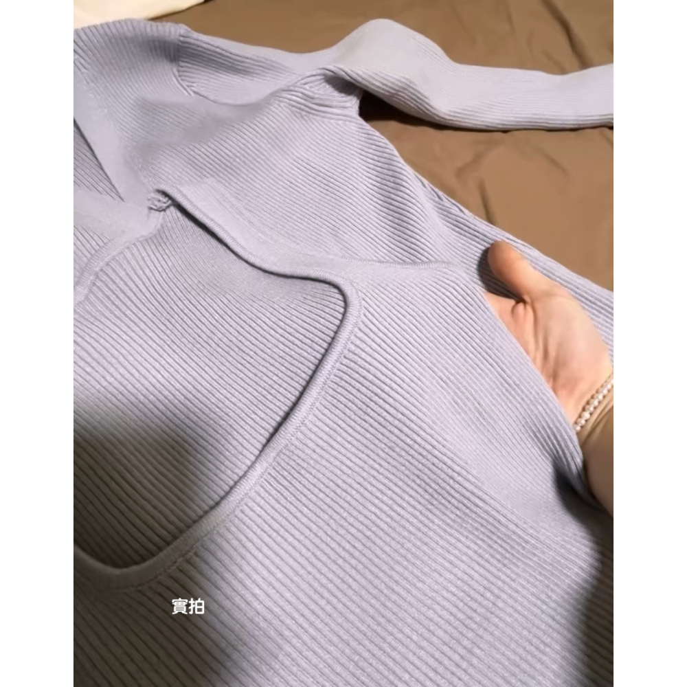 春。浪漫氣質極簡風 修身顯瘦純色無袖方領針織背心+同款V領長袖針織外套兩件套-Euphoria Store-細節圖9