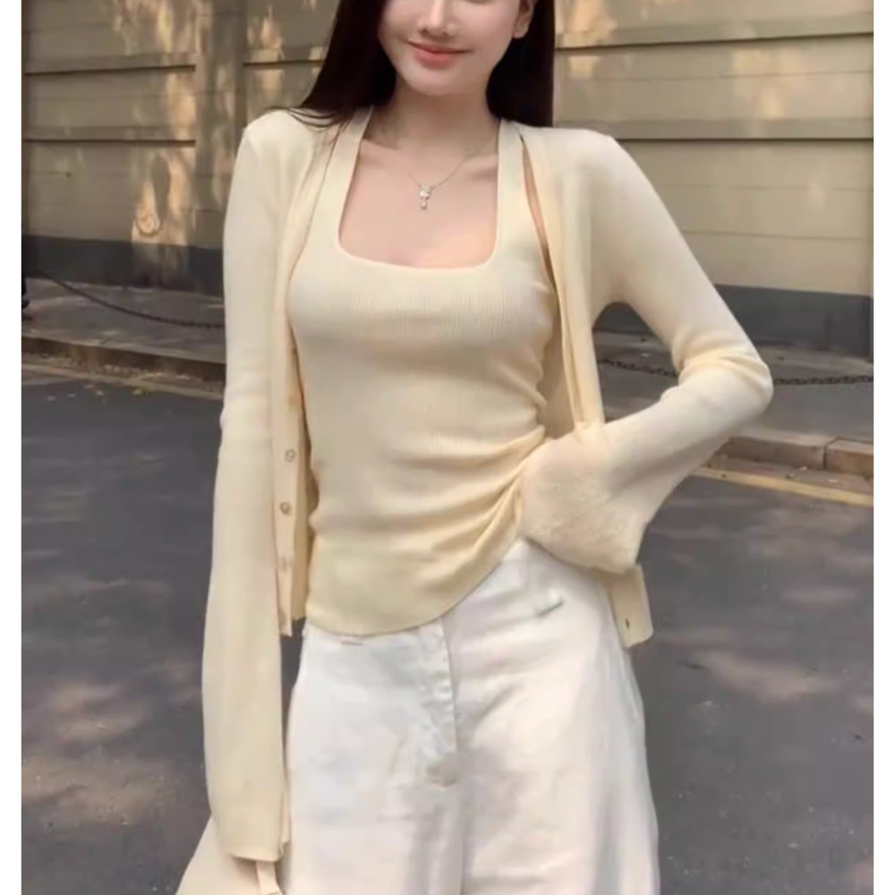 春。浪漫氣質極簡風 修身顯瘦純色無袖方領針織背心+同款V領長袖針織外套兩件套-Euphoria Store-規格圖9