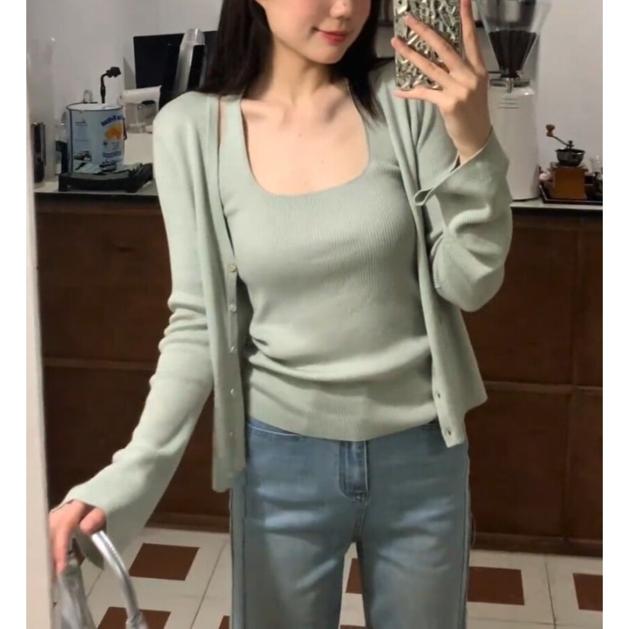 春。浪漫氣質極簡風 修身顯瘦純色無袖方領針織背心+同款V領長袖針織外套兩件套-Euphoria Store-規格圖9