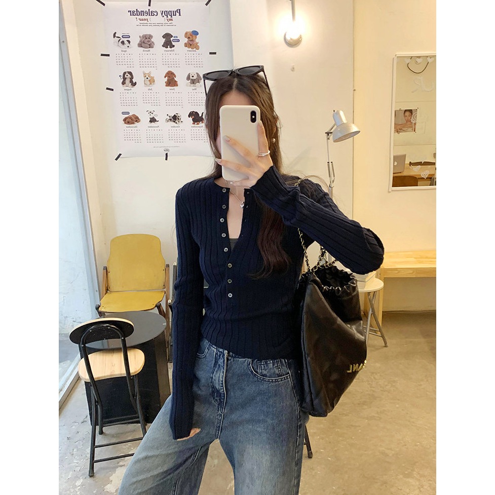 春。老錢風 簡約氣質 修身顯瘦 亨利領可開單排扣圓領長袖針織上衣-Euphoria Store-細節圖5