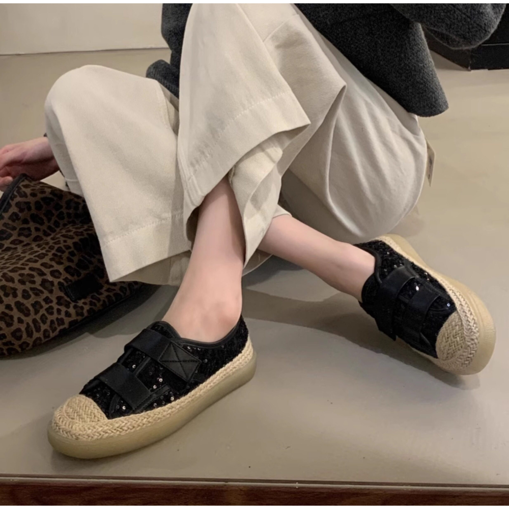 春。甜美漂亮小香風 閃亮亮片魔鬼沾設計 麻繩滾邊好穿好走防滑厚底漁夫鞋帆布鞋-Euphoria Store-細節圖3