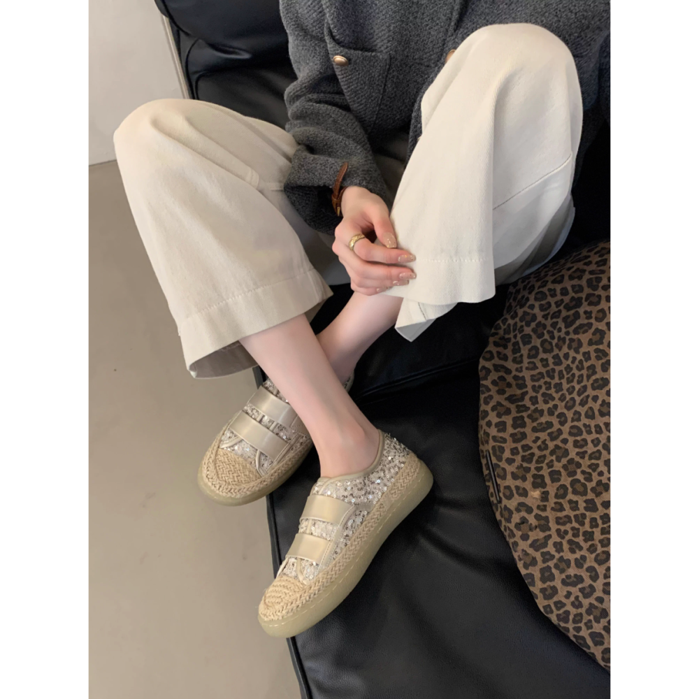 春。甜美漂亮小香風 閃亮亮片魔鬼沾設計 麻繩滾邊好穿好走防滑厚底漁夫鞋帆布鞋-Euphoria Store-細節圖6