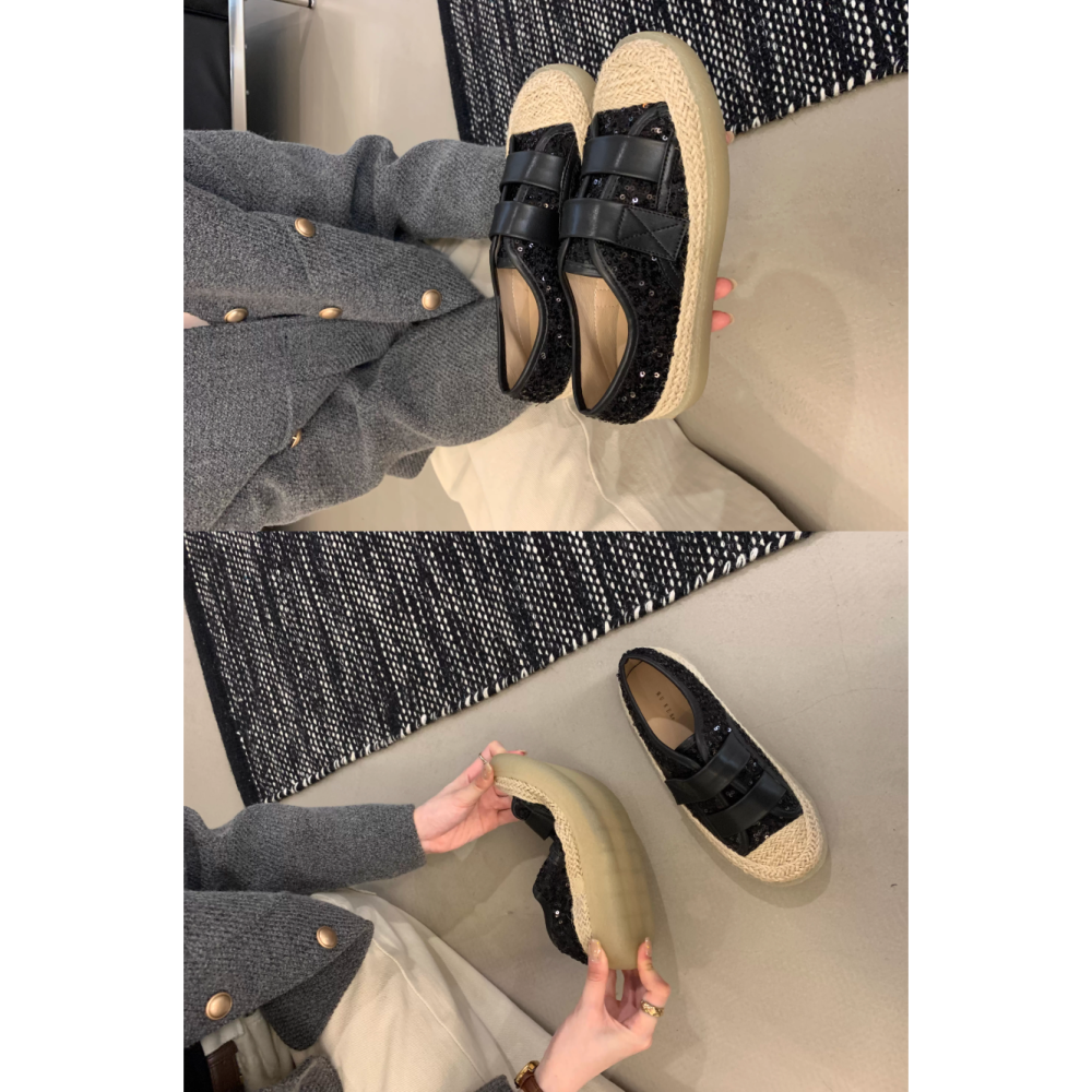 春。甜美漂亮小香風 閃亮亮片魔鬼沾設計 麻繩滾邊好穿好走防滑厚底漁夫鞋帆布鞋-Euphoria Store-細節圖8