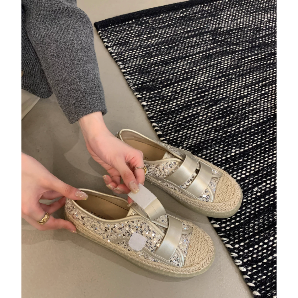 春。甜美漂亮小香風 閃亮亮片魔鬼沾設計 麻繩滾邊好穿好走防滑厚底漁夫鞋帆布鞋-Euphoria Store-細節圖9