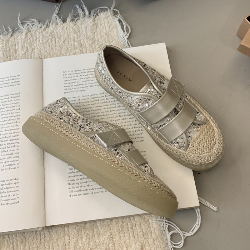 春。甜美漂亮小香風 閃亮亮片魔鬼沾設計 麻繩滾邊好穿好走防滑厚底漁夫鞋帆布鞋-Euphoria Store-規格圖9