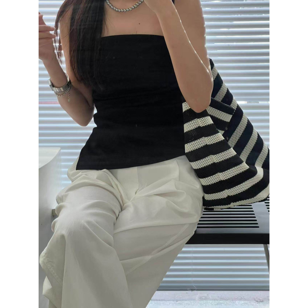 四季。自帶高級感 慵懶輕便大容量 撞色黑色條紋單肩包托特包流浪hobo包-Euphoria Store-細節圖2