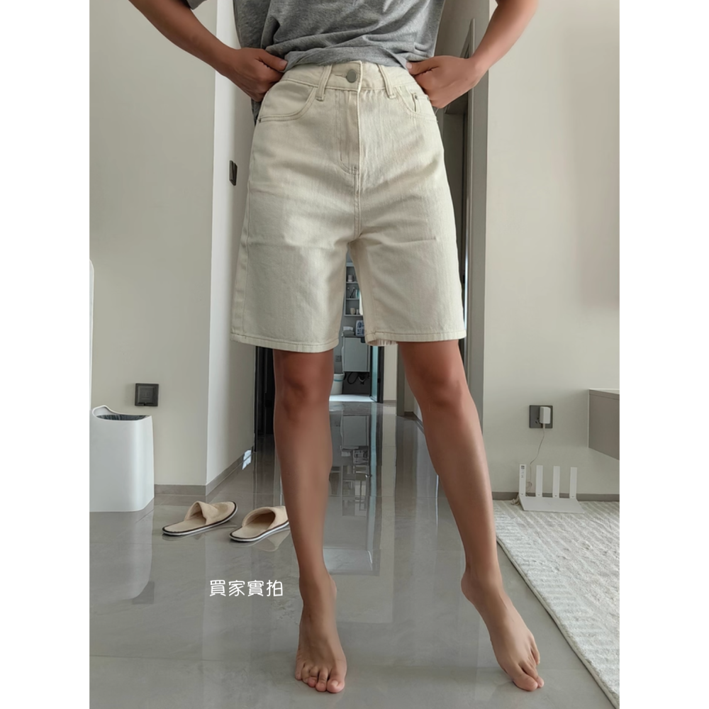 四季。經典時尚百搭 寬鬆顯高顯瘦 薄款高腰直筒杏色水洗牛仔短褲五分褲-Euphoria Store-細節圖9