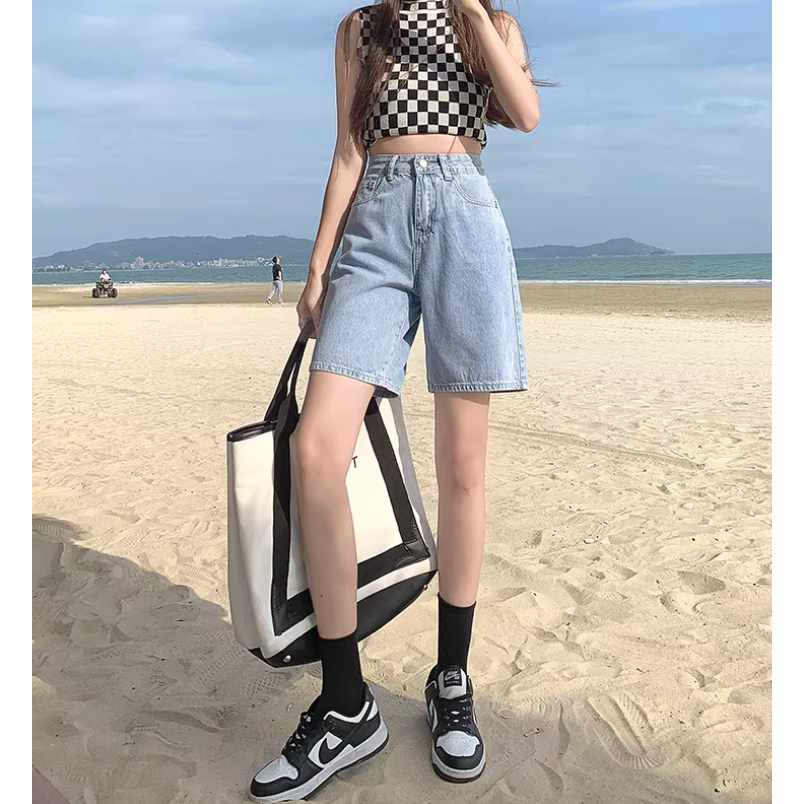 四季。經典時尚百搭 寬鬆顯高顯瘦 薄款高腰直筒杏色水洗牛仔短褲五分褲-Euphoria Store-規格圖9