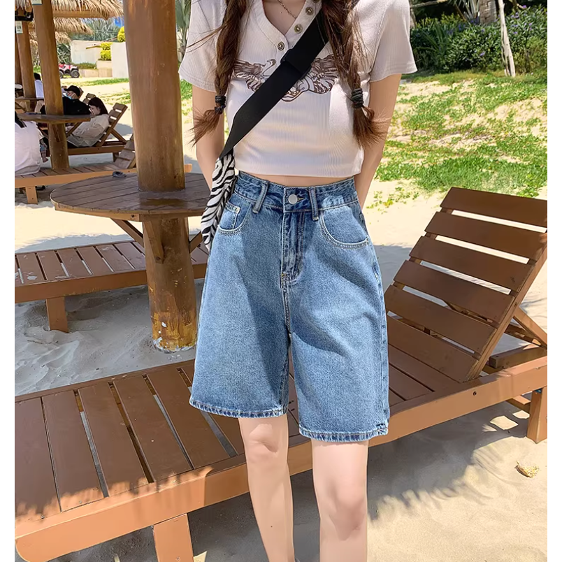 四季。經典時尚百搭 寬鬆顯高顯瘦 薄款高腰直筒杏色水洗牛仔短褲五分褲-Euphoria Store-規格圖9