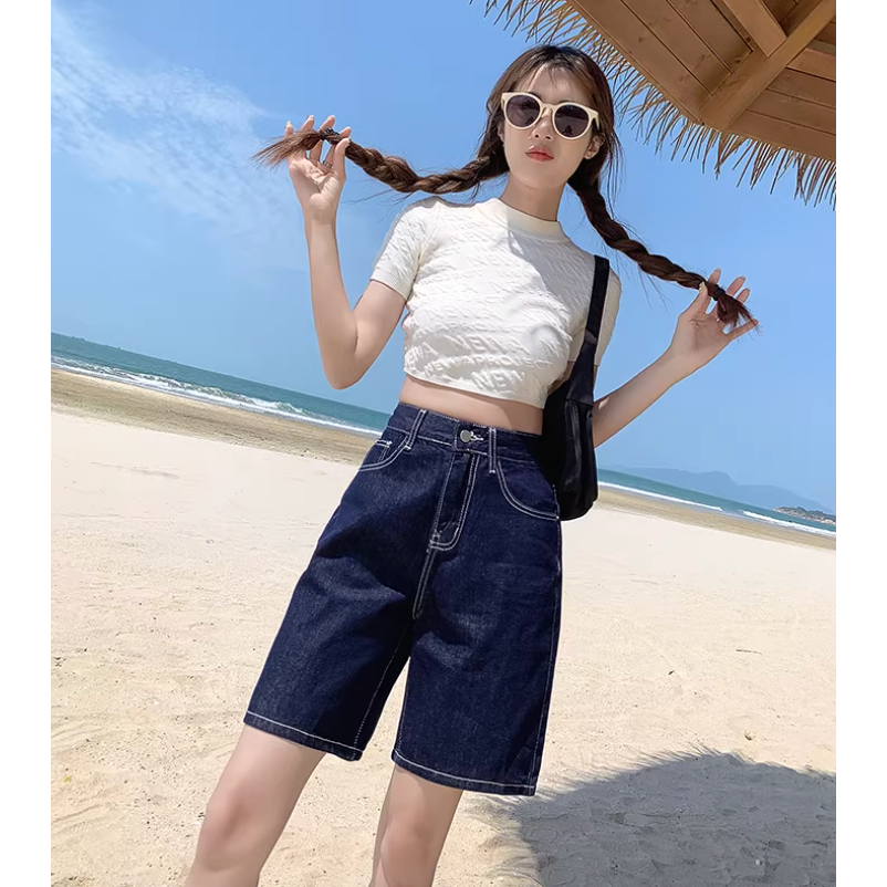 四季。經典時尚百搭 寬鬆顯高顯瘦 薄款高腰直筒杏色水洗牛仔短褲五分褲-Euphoria Store-規格圖9