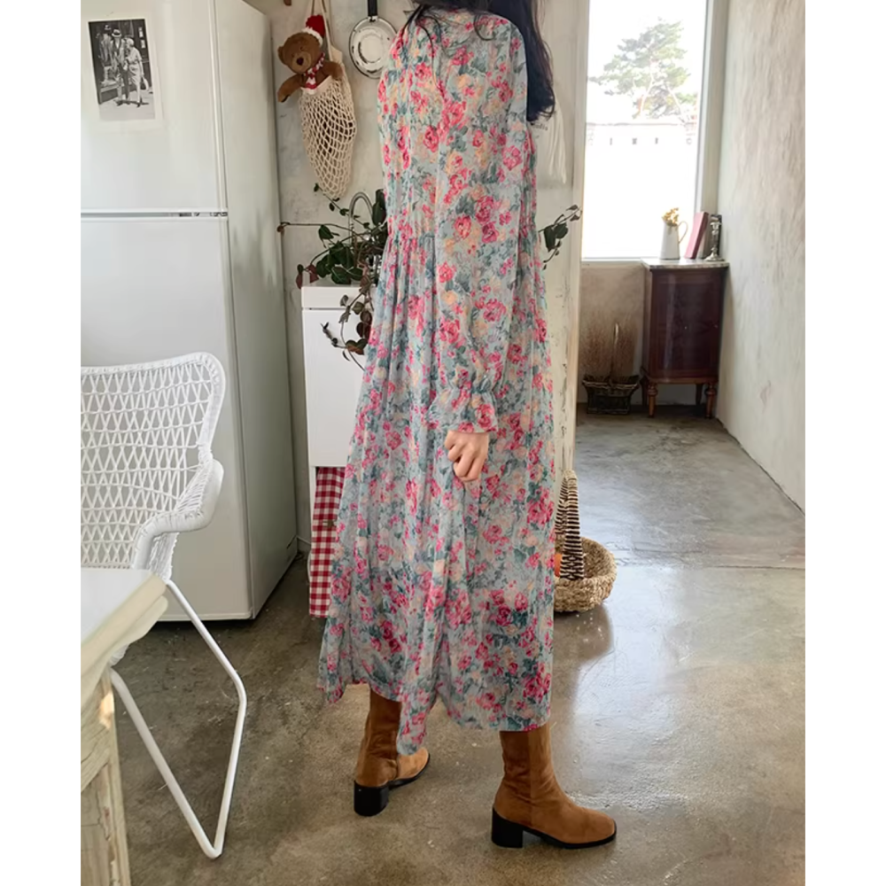早春。韓chic甜美小碎花 圓領褶皺設計感 寬鬆長款泡泡收袖連身裙洋裝-Euphoria Store-細節圖6