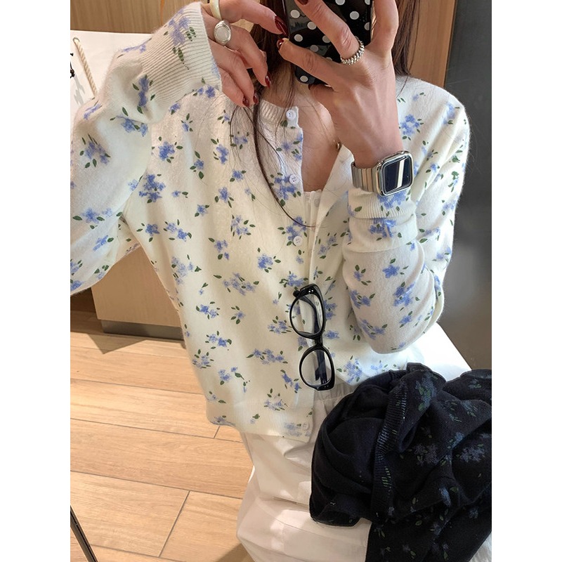 春。法式街古氣質 清新減齡小碎花 單排扣圓領親膚細針織外套上-Euphoria Store-細節圖4