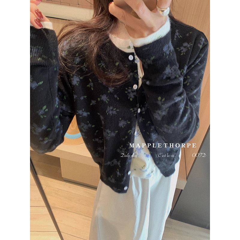 春。法式街古氣質 清新減齡小碎花 單排扣圓領親膚細針織外套上-Euphoria Store-細節圖5