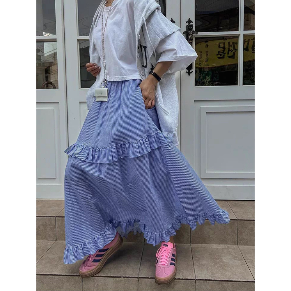 春。韓chic 清新減齡 撞色豎條高腰鬆緊腰條紋拼接荷葉邊大裙擺長裙A字裙半身裙-Euphoria Store-細節圖2