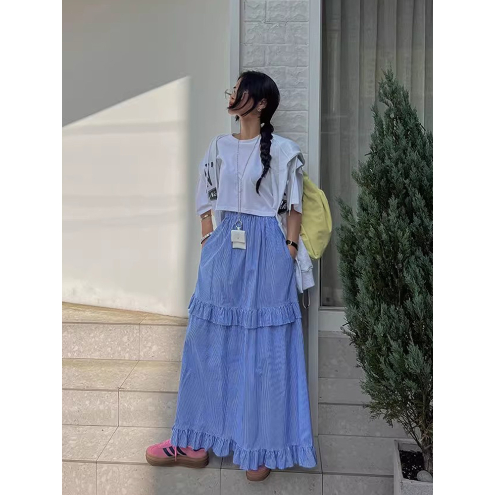 春。韓chic 清新減齡 撞色豎條高腰鬆緊腰條紋拼接荷葉邊大裙擺長裙A字裙半身裙-Euphoria Store-細節圖3