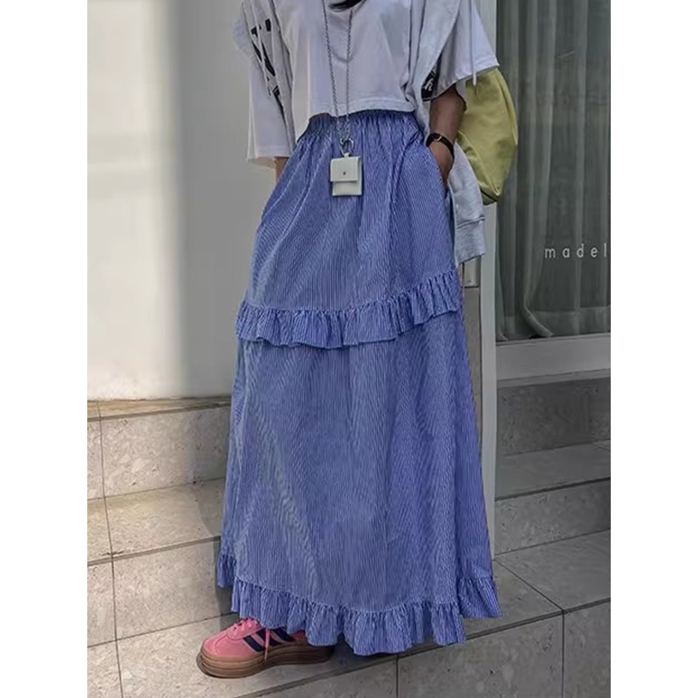 春。韓chic 清新減齡 撞色豎條高腰鬆緊腰條紋拼接荷葉邊大裙擺長裙A字裙半身裙-Euphoria Store-細節圖4