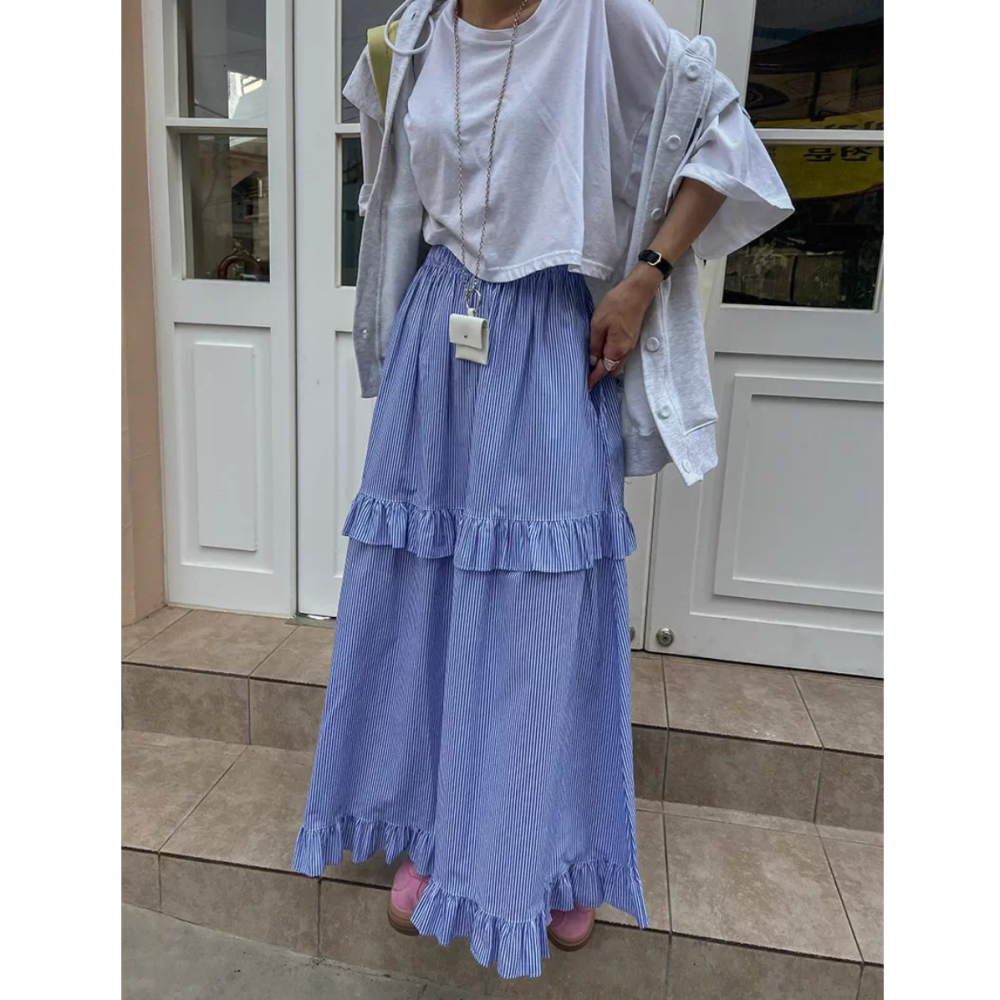 春。韓chic 清新減齡 撞色豎條高腰鬆緊腰條紋拼接荷葉邊大裙擺長裙A字裙半身裙-Euphoria Store-細節圖5