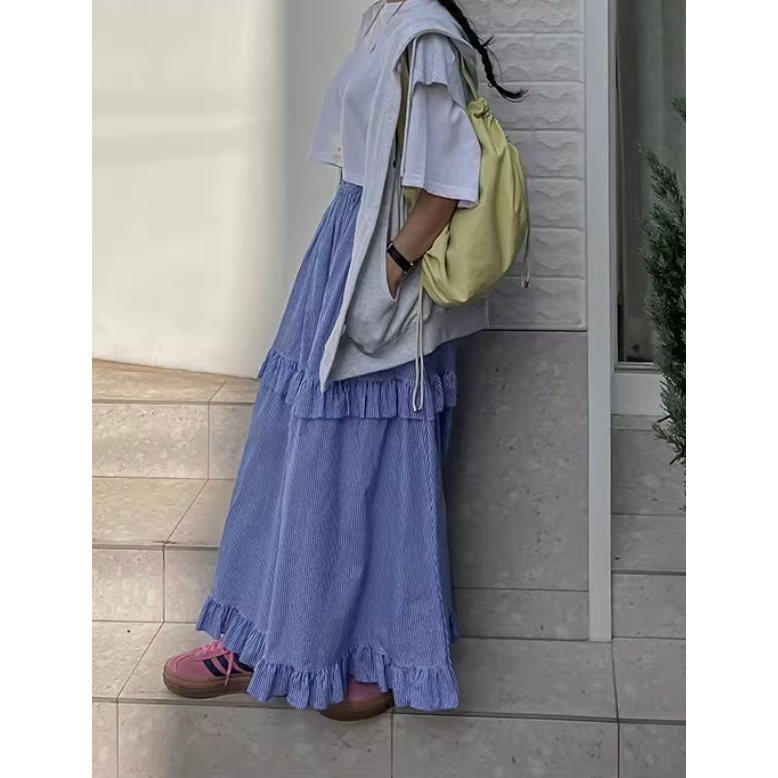 春。韓chic 清新減齡 撞色豎條高腰鬆緊腰條紋拼接荷葉邊大裙擺長裙A字裙半身裙-Euphoria Store-細節圖6