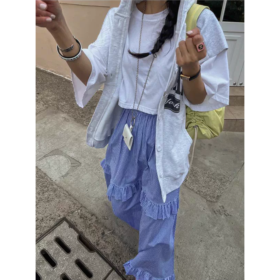 春。韓chic 清新減齡 撞色豎條高腰鬆緊腰條紋拼接荷葉邊大裙擺長裙A字裙半身裙-Euphoria Store-細節圖7