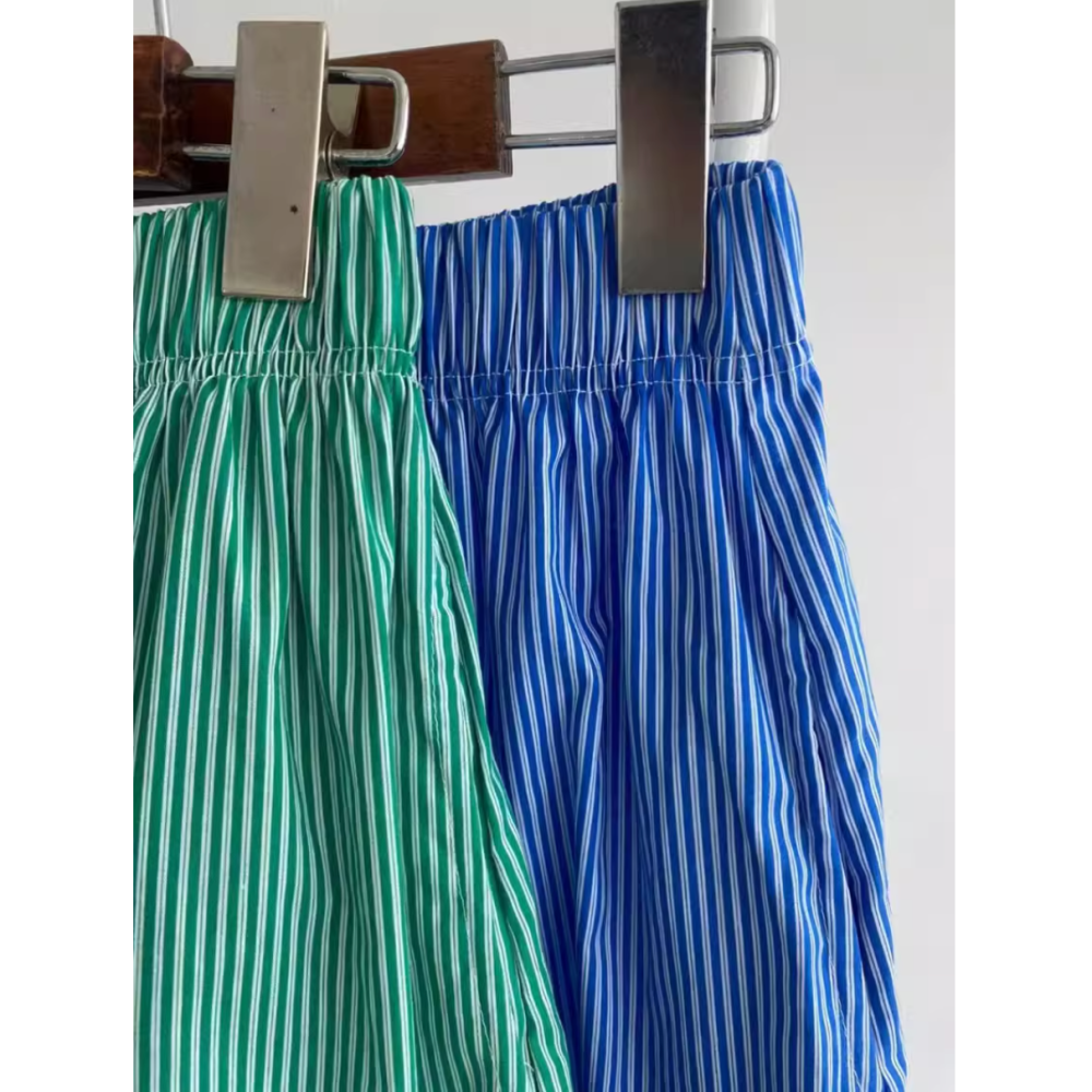 春。韓chic 清新減齡 撞色豎條高腰鬆緊腰條紋拼接荷葉邊大裙擺長裙A字裙半身裙-Euphoria Store-細節圖9