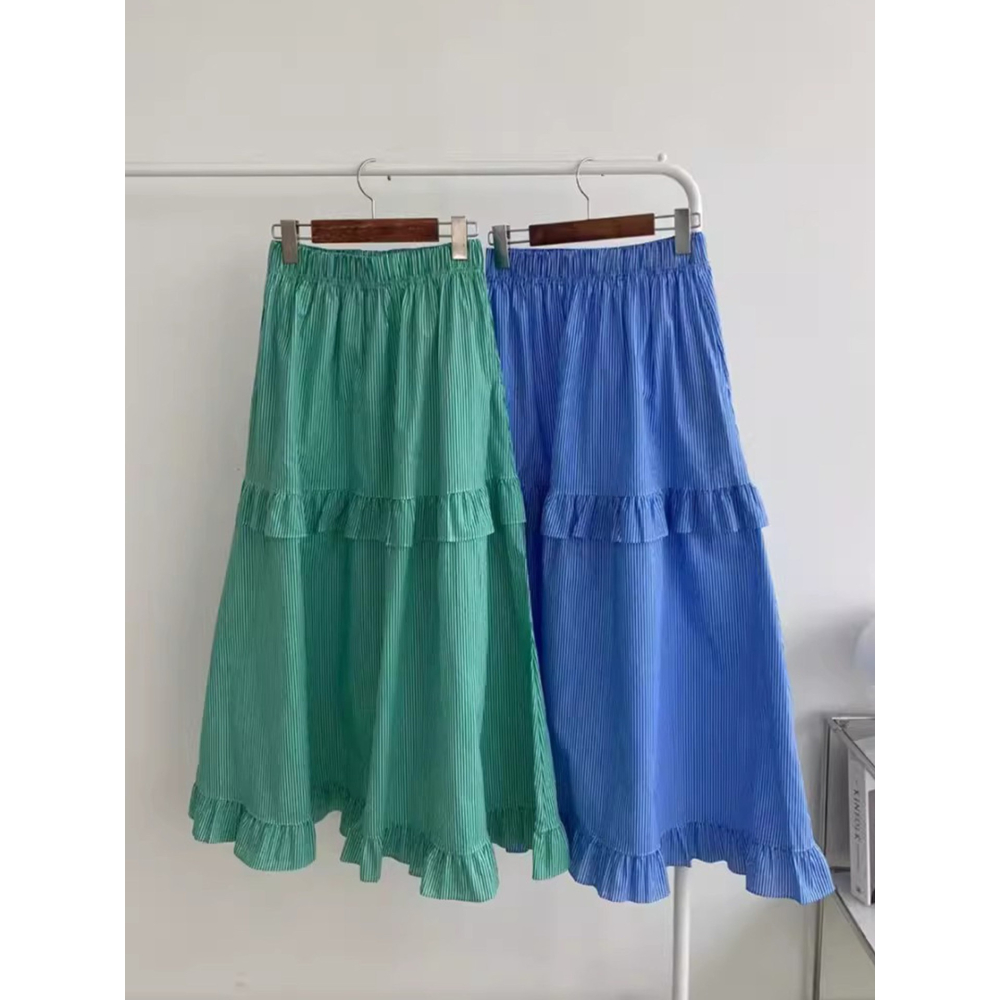 春。韓chic 清新減齡 撞色豎條高腰鬆緊腰條紋拼接荷葉邊大裙擺長裙A字裙半身裙-Euphoria Store-細節圖10