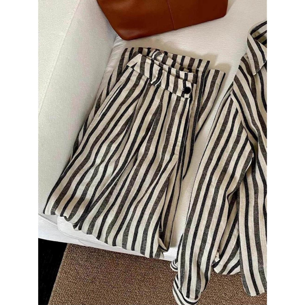 夏。慵懶隨意又有型 自帶垂感透氣撞色豎條棉麻高腰闊腿直筒長褲-Euphoria Store-細節圖2