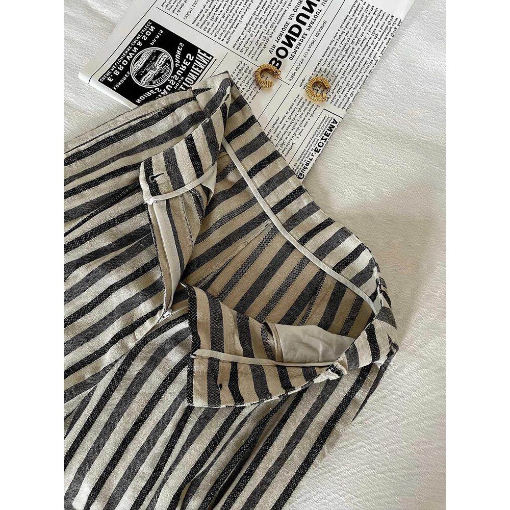 夏。慵懶隨意又有型 自帶垂感透氣撞色豎條棉麻高腰闊腿直筒長褲-Euphoria Store-細節圖3