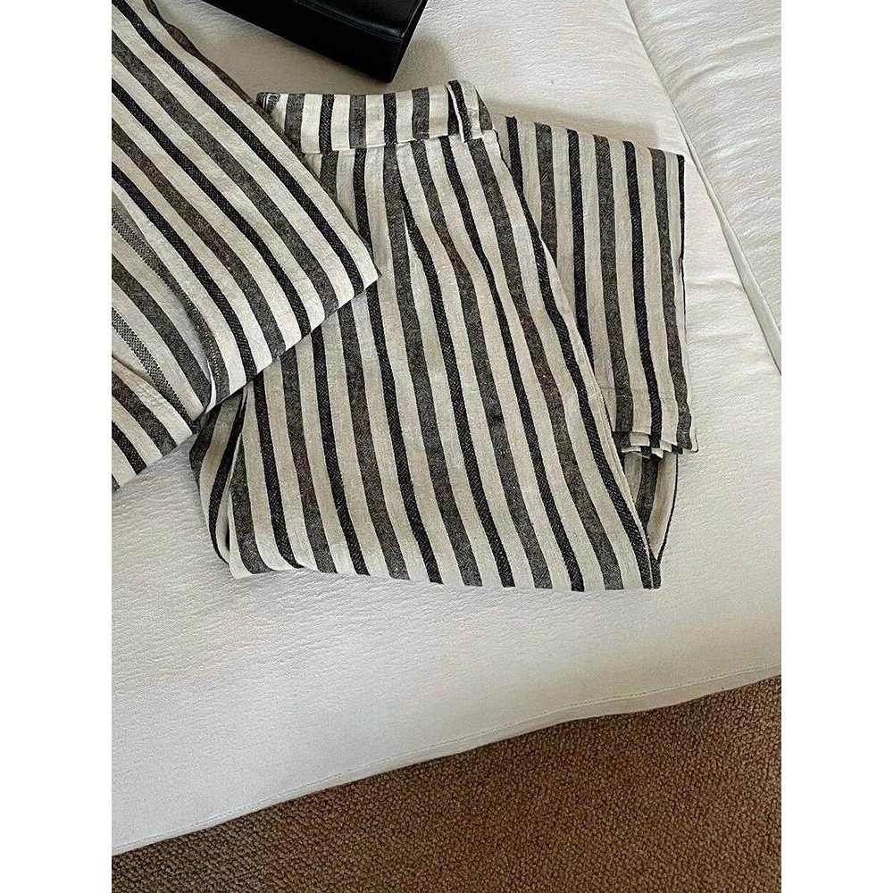 夏。慵懶隨意又有型 自帶垂感透氣撞色豎條棉麻高腰闊腿直筒長褲-Euphoria Store-細節圖4