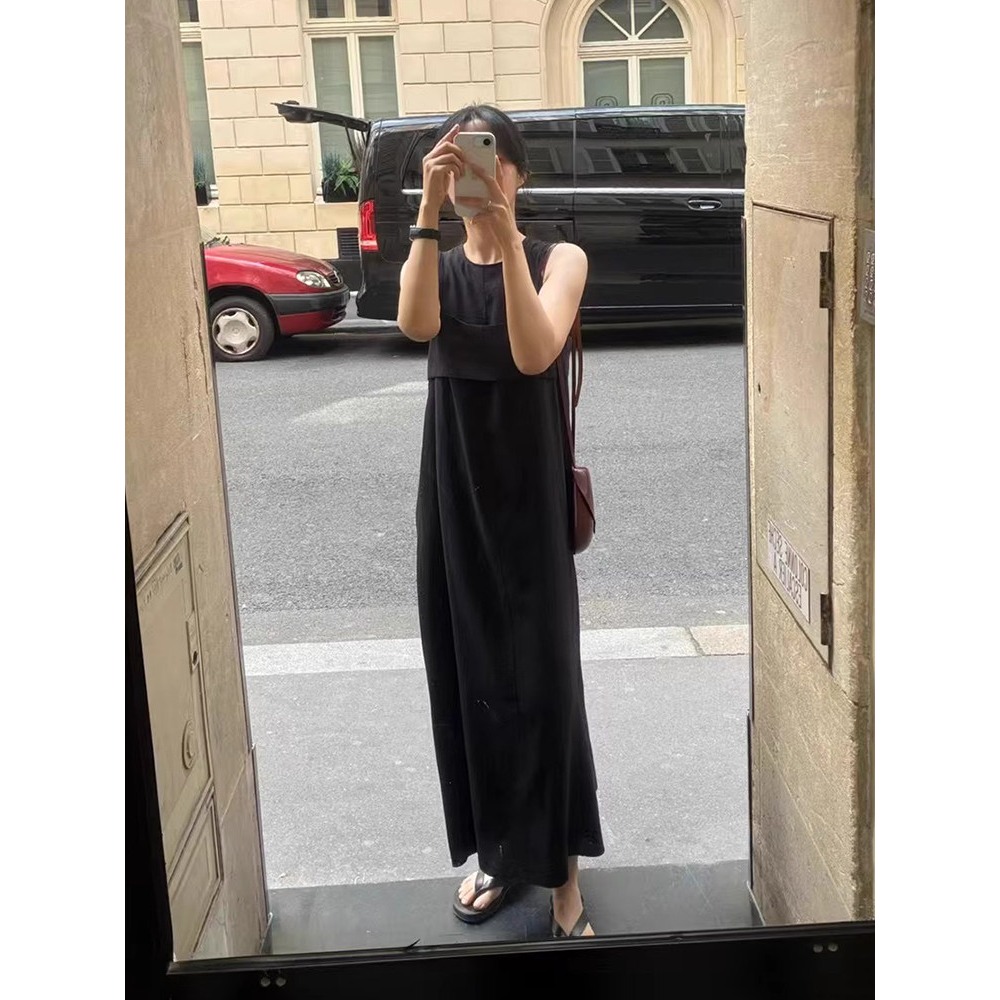 夏。韓系chic 極簡氣質小姐姐 疊穿造型短款吊帶馬甲+飄逸A字無袖背心連身裙洋裝-Euphoria Store-細節圖2