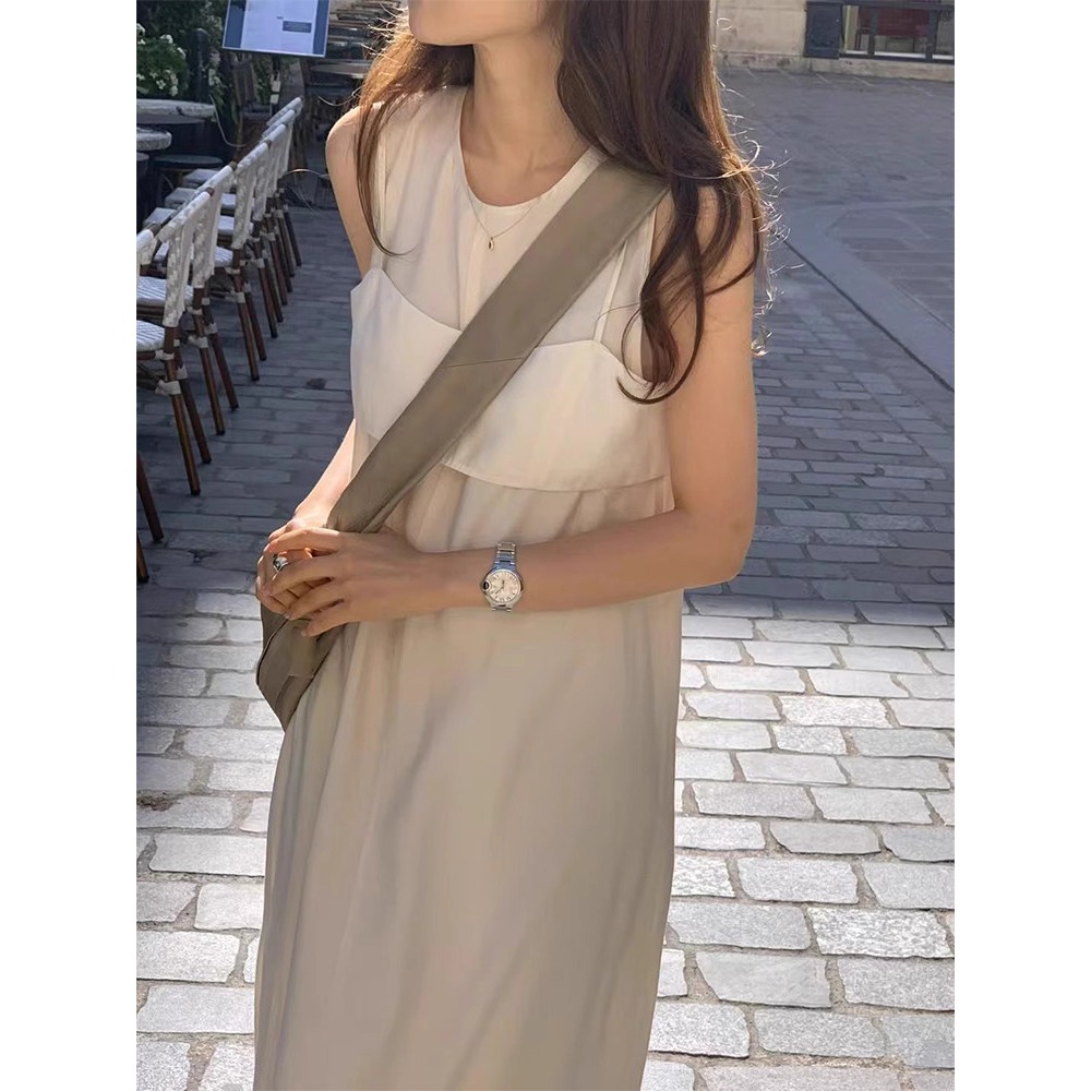 夏。韓系chic 極簡氣質小姐姐 疊穿造型短款吊帶馬甲+飄逸A字無袖背心連身裙洋裝-Euphoria Store-細節圖3