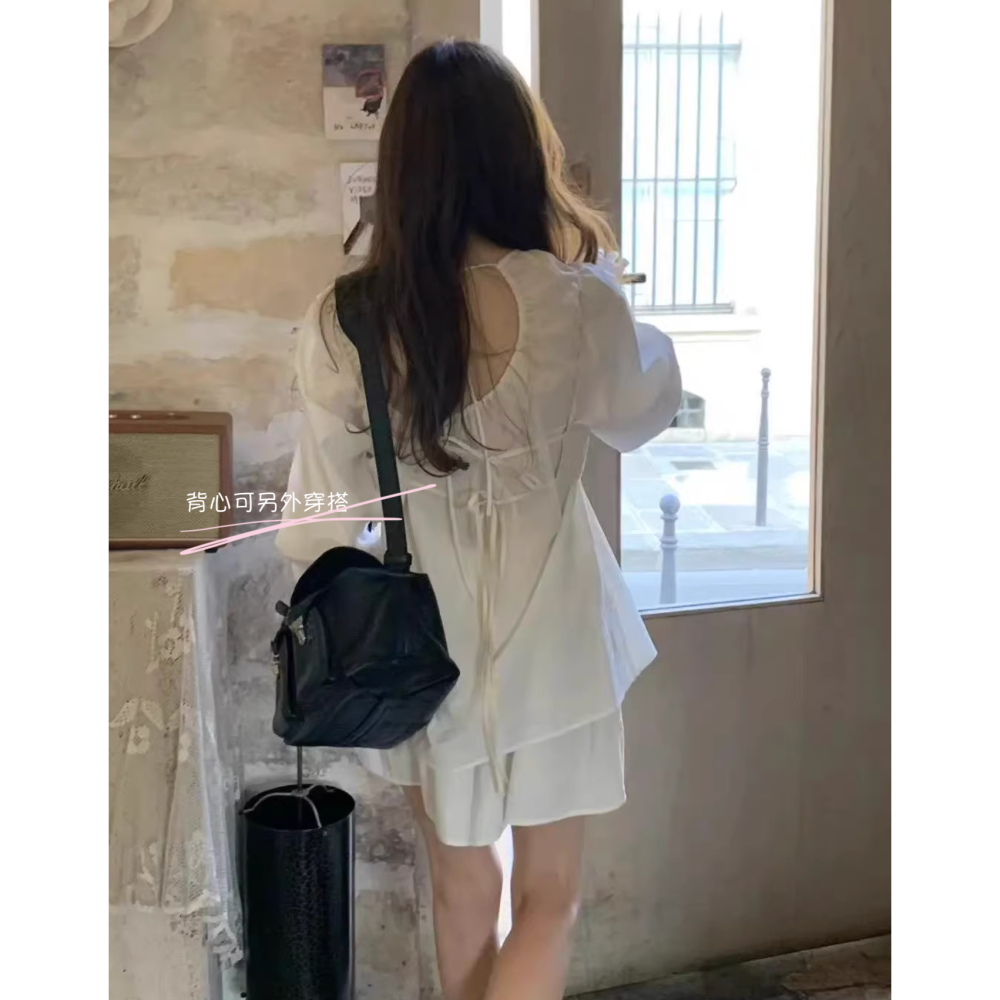 夏。韓系chic 極簡氣質小姐姐 疊穿造型短款吊帶馬甲+飄逸A字無袖背心連身裙洋裝-Euphoria Store-細節圖10