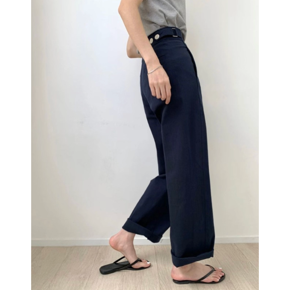 夏。簡約氣質通勤必備 腰側設計深藍色高腰闊腿直筒褲西裝長褲-Euphoria Store-細節圖2
