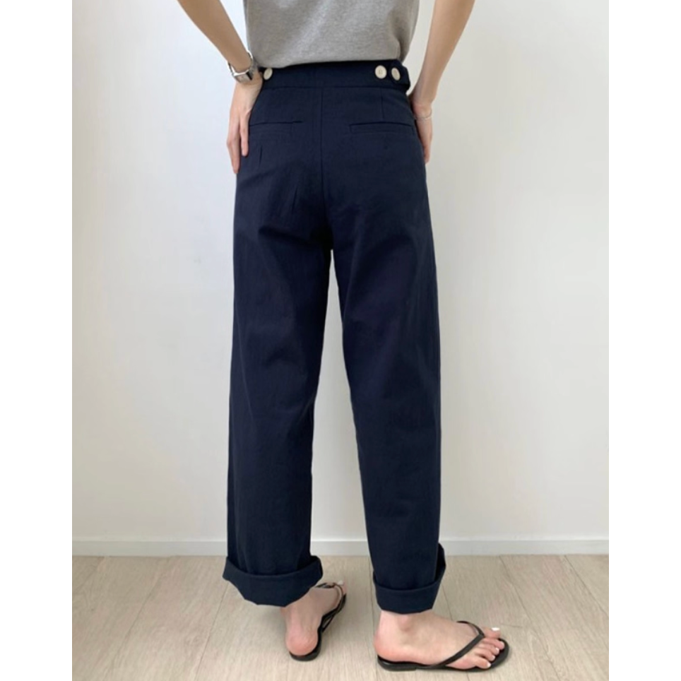 夏。簡約氣質通勤必備 腰側設計深藍色高腰闊腿直筒褲西裝長褲-Euphoria Store-細節圖3