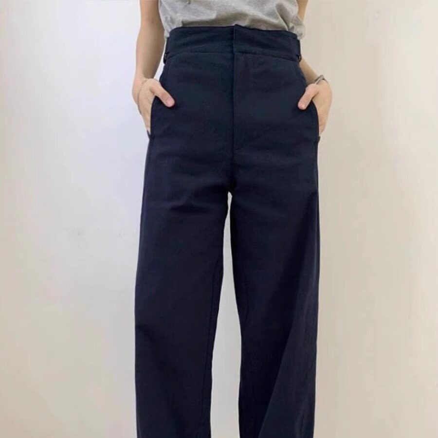 夏。簡約氣質通勤必備 腰側設計深藍色高腰闊腿直筒褲西裝長褲-Euphoria Store-細節圖4