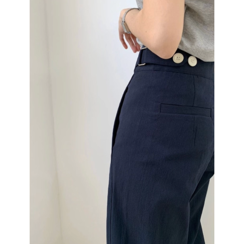 夏。簡約氣質通勤必備 腰側設計深藍色高腰闊腿直筒褲西裝長褲-Euphoria Store-細節圖5