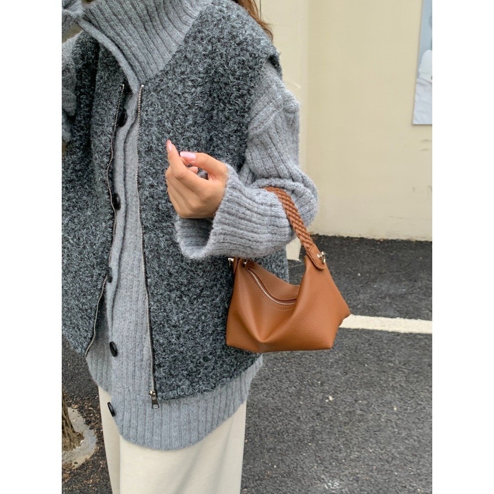 正韓老錢風編織提手飯糰包 女 質感軟皮 枕頭包 手提包 側背包 極簡小眾設計 復古保齡球包 寬肩帶包包 The Row風-細節圖2