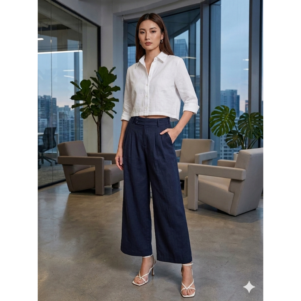 韓系設計感高腰亞麻寬褲 女 夏 顯瘦垂墜感落地褲 涼爽透氣 雙釦設計 後鬆緊帶 寬鬆修身 西裝褲 百搭長褲 M-2XL--細節圖2