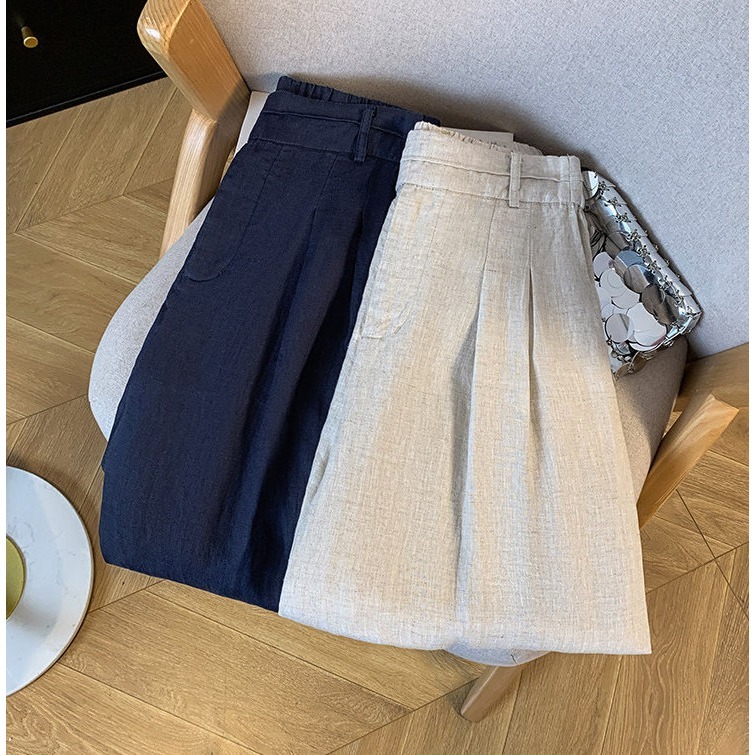 韓系設計感高腰亞麻寬褲 女 夏 顯瘦垂墜感落地褲 涼爽透氣 雙釦設計 後鬆緊帶 寬鬆修身 西裝褲 百搭長褲 M-2XL--細節圖3