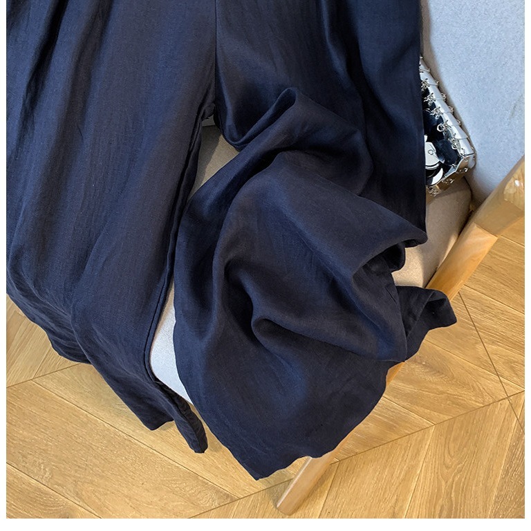 韓系設計感高腰亞麻寬褲 女 夏 顯瘦垂墜感落地褲 涼爽透氣 雙釦設計 後鬆緊帶 寬鬆修身 西裝褲 百搭長褲 M-2XL--細節圖9