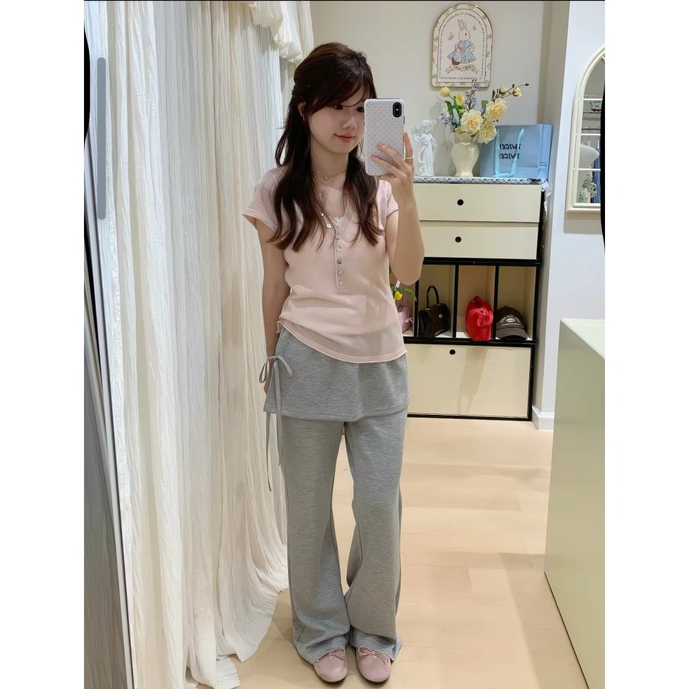 韓系復古亨利領針織上衣 女 夏 排釦短袖T恤 寬鬆顯瘦 冰絲針織 氣質百搭小眾 短袖上衣 針織上衣 坑條針織衫-Euph-細節圖6