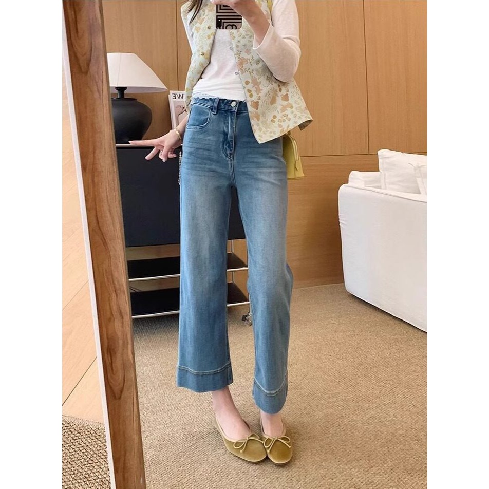 韓系復古寬折邊直筒牛仔褲 女 夏 顯瘦高腰寬牛仔褲 九分褲 遮肉修身 西裝牛仔褲 芭蕾舞鞋百搭長褲（S-5XL）-Eup-細節圖2