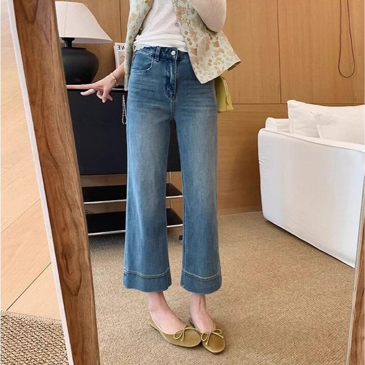 韓系復古寬折邊直筒牛仔褲 女 夏 顯瘦高腰寬牛仔褲 九分褲 遮肉修身 西裝牛仔褲 芭蕾舞鞋百搭長褲（S-5XL）-Eup-細節圖3