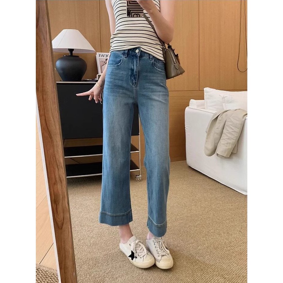 韓系復古寬折邊直筒牛仔褲 女 夏 顯瘦高腰寬牛仔褲 九分褲 遮肉修身 西裝牛仔褲 芭蕾舞鞋百搭長褲（S-5XL）-Eup-細節圖4
