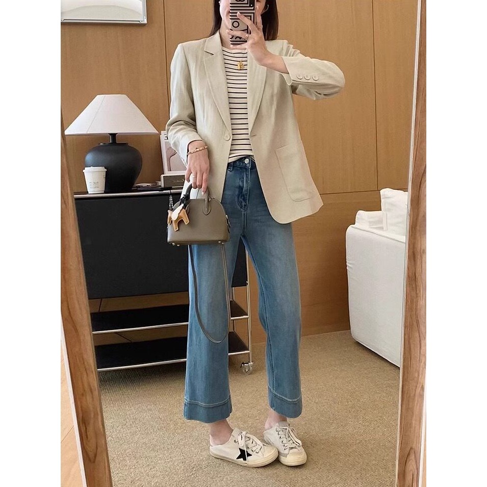 韓系復古寬折邊直筒牛仔褲 女 夏 顯瘦高腰寬牛仔褲 九分褲 遮肉修身 西裝牛仔褲 芭蕾舞鞋百搭長褲（S-5XL）-Eup-細節圖5