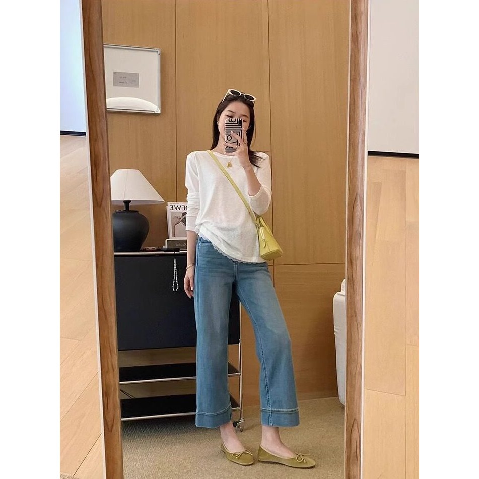 韓系復古寬折邊直筒牛仔褲 女 夏 顯瘦高腰寬牛仔褲 九分褲 遮肉修身 西裝牛仔褲 芭蕾舞鞋百搭長褲（S-5XL）-Eup-細節圖6
