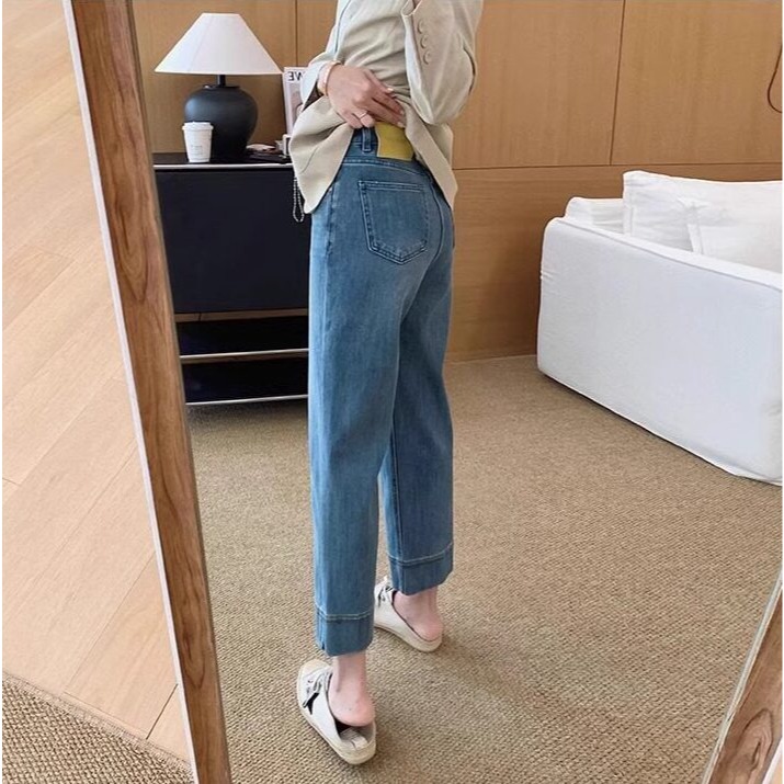韓系復古寬折邊直筒牛仔褲 女 夏 顯瘦高腰寬牛仔褲 九分褲 遮肉修身 西裝牛仔褲 芭蕾舞鞋百搭長褲（S-5XL）-Eup-細節圖7