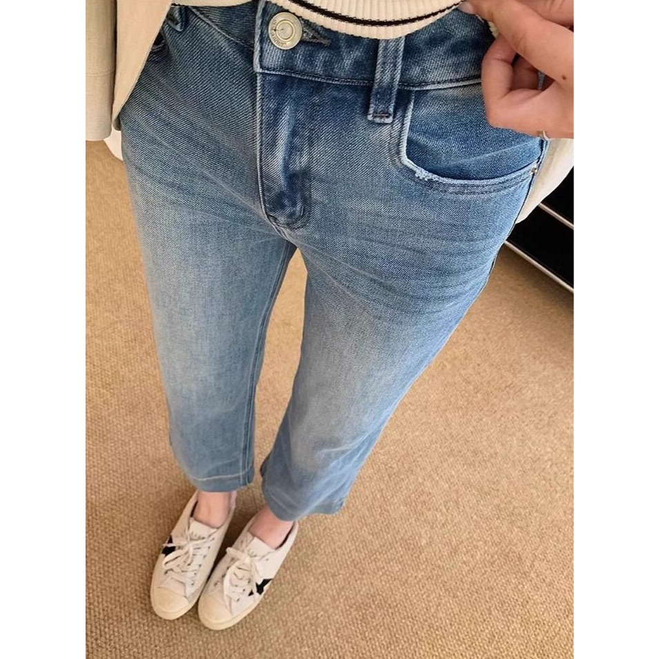 韓系復古寬折邊直筒牛仔褲 女 夏 顯瘦高腰寬牛仔褲 九分褲 遮肉修身 西裝牛仔褲 芭蕾舞鞋百搭長褲（S-5XL）-Eup-細節圖9