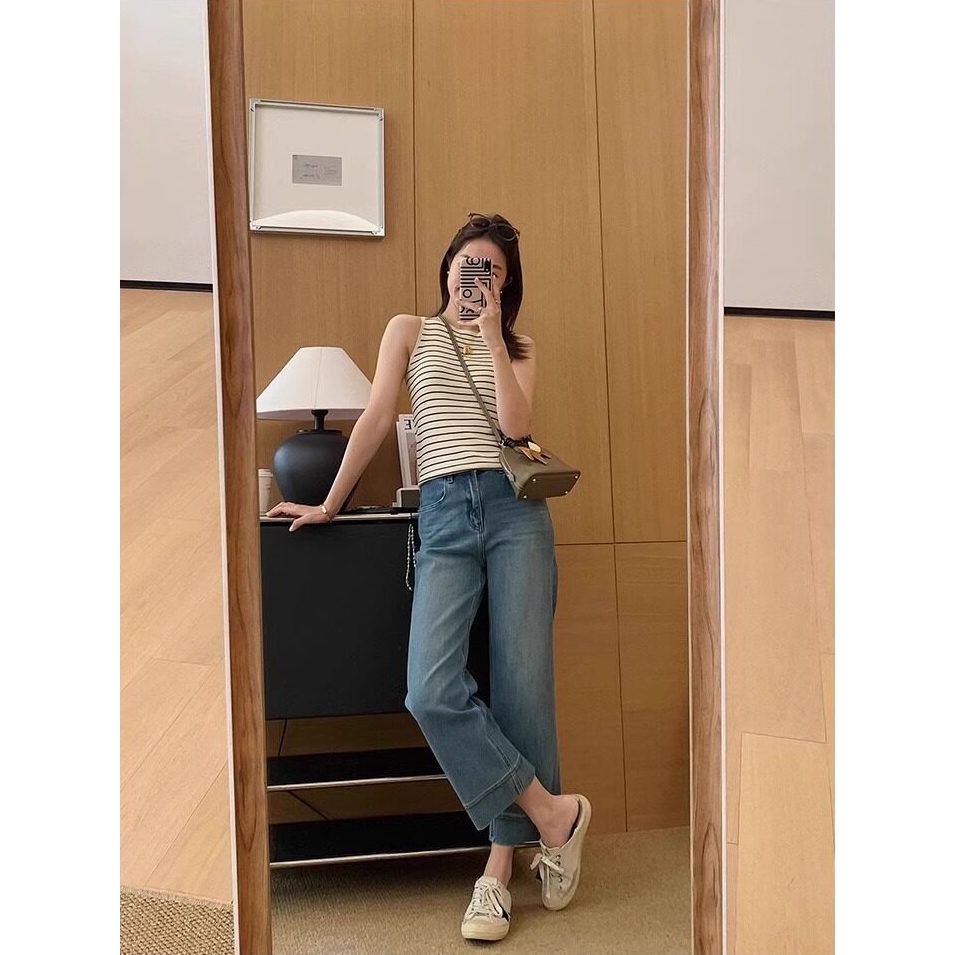 韓系復古寬折邊直筒牛仔褲 女 夏 顯瘦高腰寬牛仔褲 九分褲 遮肉修身 西裝牛仔褲 芭蕾舞鞋百搭長褲（S-5XL）-Eup-規格圖10