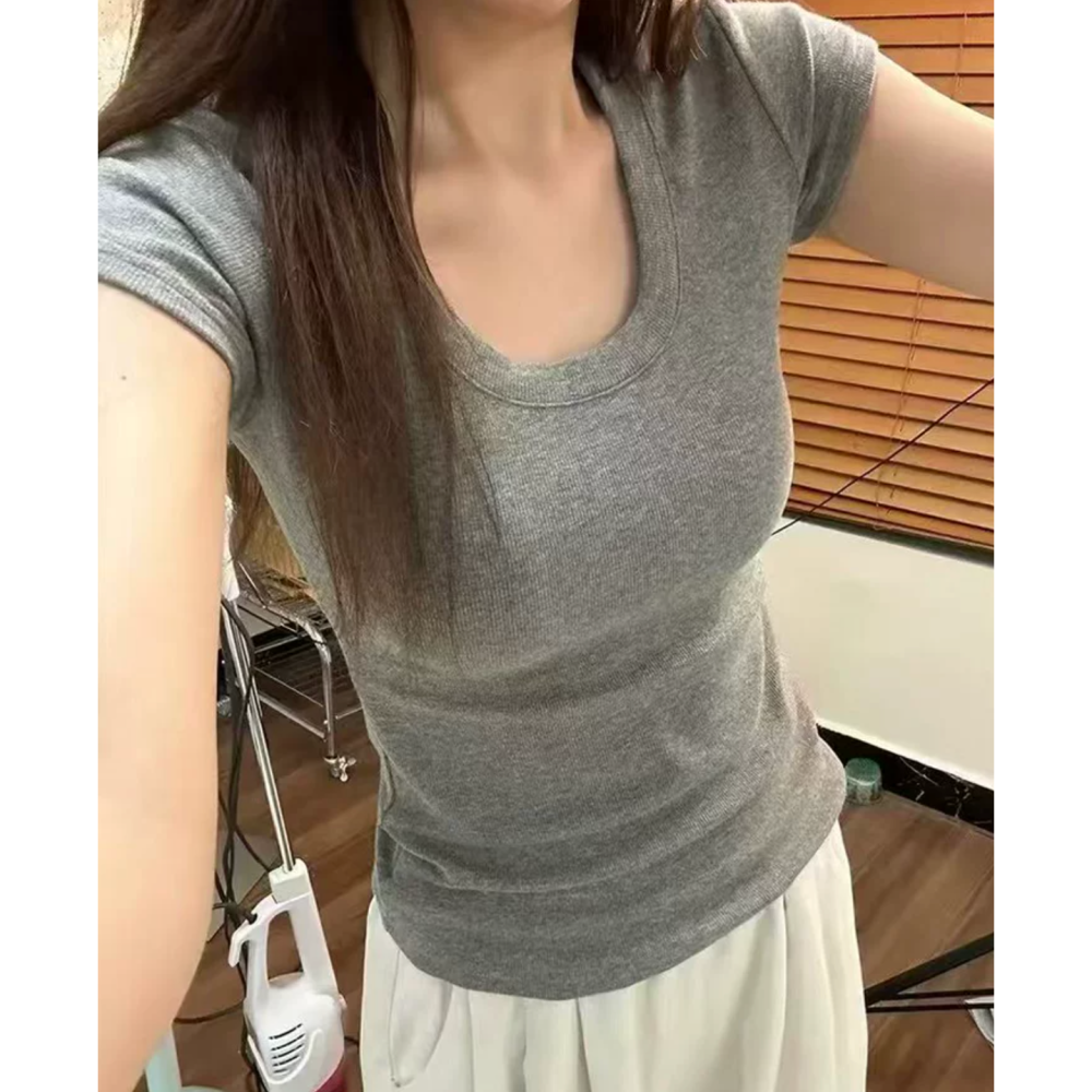 夏。這件必需入 辣妹必備 鎖骨殺法式大U領顯瘦緊身顯瘦不緊繃短袖T恤 百搭素T-Euphoria Store-細節圖3
