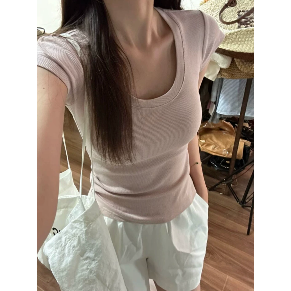 夏。這件必需入 辣妹必備 鎖骨殺法式大U領顯瘦緊身顯瘦不緊繃短袖T恤 百搭素T-Euphoria Store-細節圖5